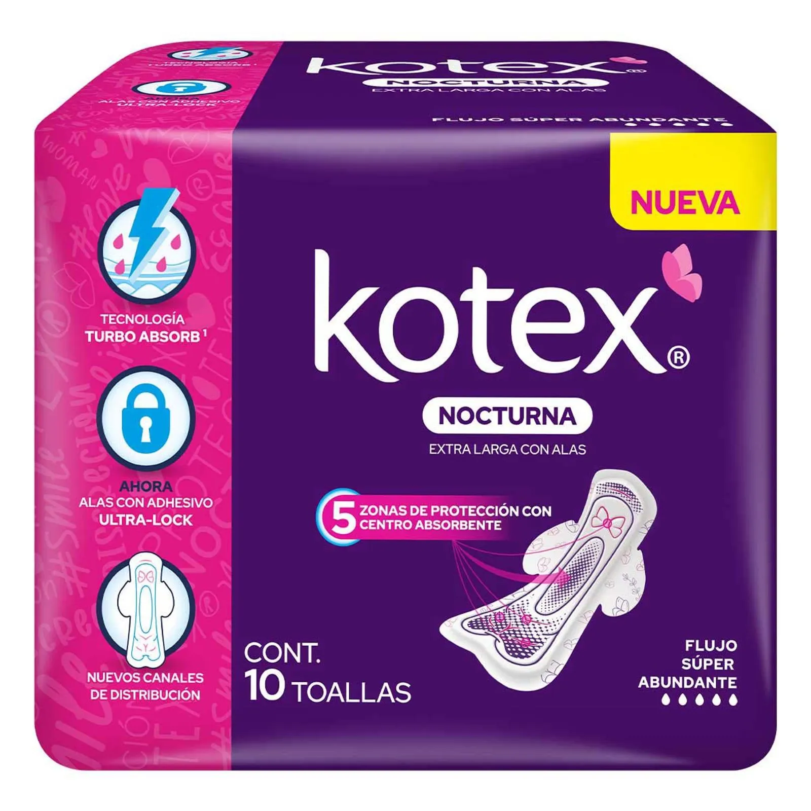 Toallas Femeninas Kotex Nocturna con Alas 10 Toallas
